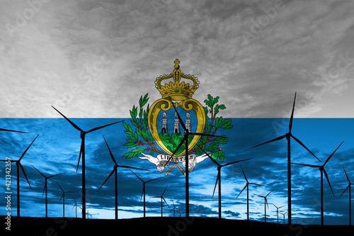 San Marino flag wind farm at sunset, sustainable development, renewable energy