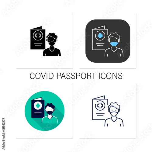 Covid19 passport icons set.Man in mask has got necessary document.Vaccination card.Health care, protection.Collection of icon in liner, glyph, chalk, flat styles.Isolated vector illustration