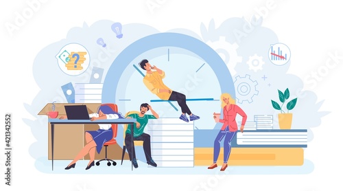 Cartoon flat employee characters at work stress scene.Burnout tired employees sleep,thinks about works failure at office workplace-productivity,deadline,time management web site banner concept