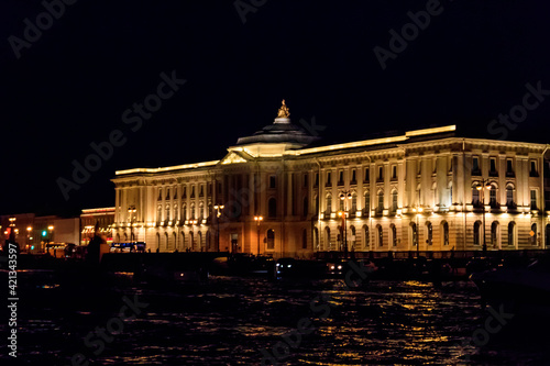 Building of Academy of Arts on a bank of the Neva river in Saint Petersburg  Russia. Night view