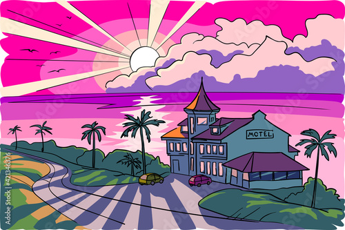 Motel by the sea in the rays of the setting sun