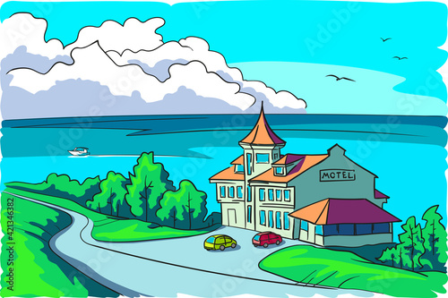 Motel by the sea on a summer sunny day
