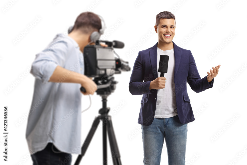 Cameraman recording a male reporter with a microphone gesturing with hand Cameraman recording a male reporter with a microphone gesturing with hand