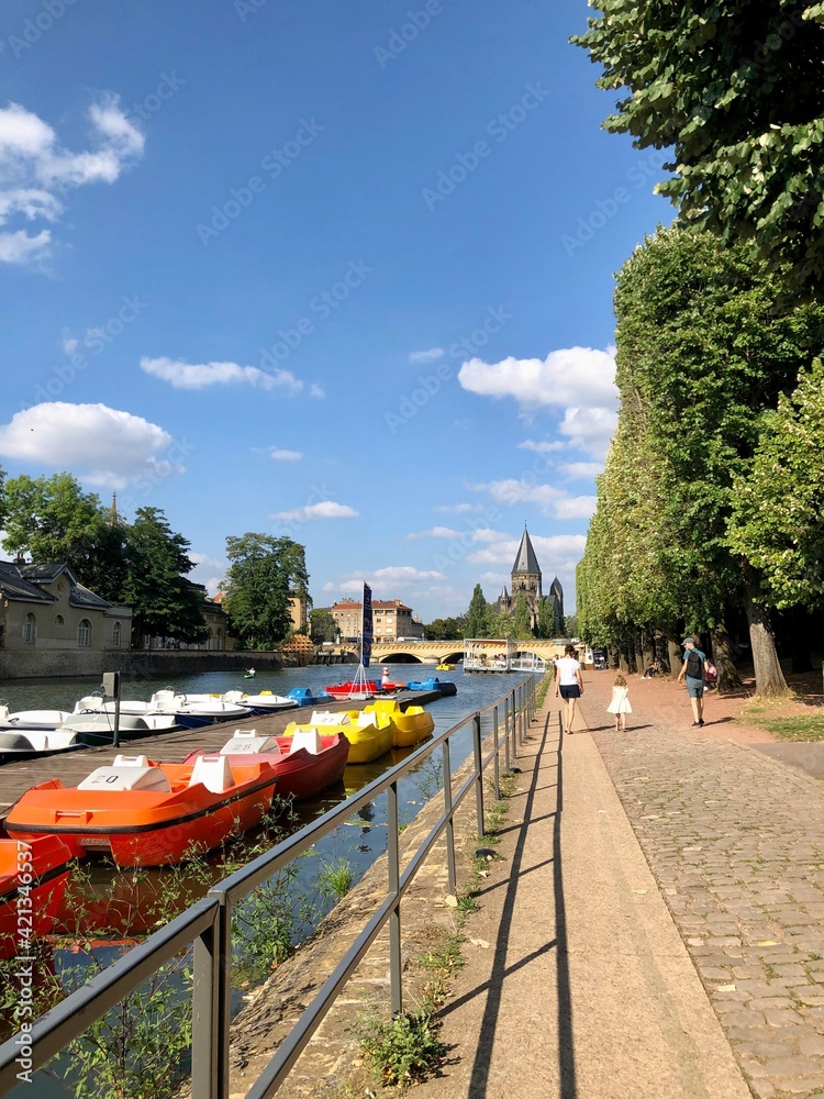 Metz, France - August 29, 2019: The Moselle river in a sunny day in Metz