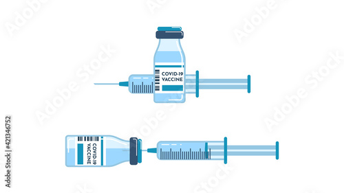 Covid-19 corona virus vaccination with vaccine bottle and syringe injection tool for covid19 immunization treatment. Creative design for Coronavirus vaccine vector background.  Vector illustration.