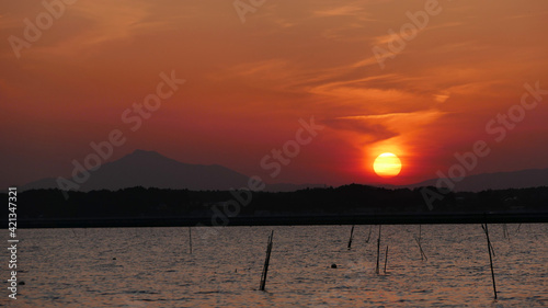 涸沼　筑波山　夕景
