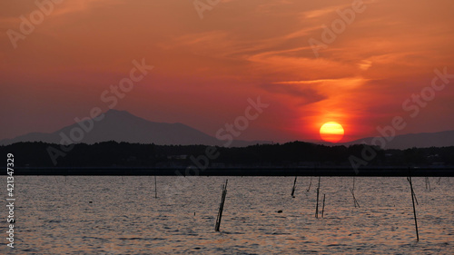 涸沼　筑波山　夕景