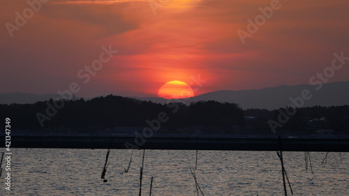 涸沼　筑波山　夕景