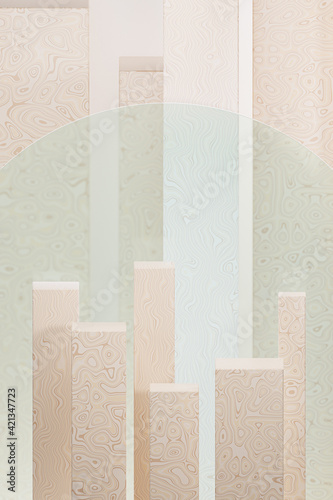 Podium or pedestal for products or advertising showcase with pattern texture near to frosted glass. 3D abstract rendering.