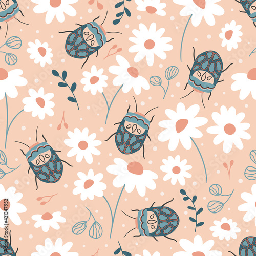 Seamless pattern with Sphaerocoris annulus and chamomile flowers. Hand drawn Picasso bug. Spring garden vector illustration.