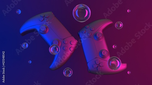 Abstract game controllers, transparent soap bubbles with reflections. Retro neon game controllers. Gamepads for games. Sci-fi Cyber futuristic purple-blue joystick. Game adventure. Virtual reality photo