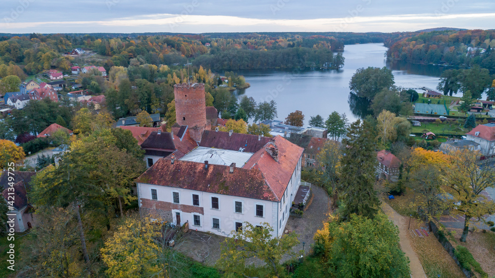 Obraz premium Panorama of the city of Łagów and Łagowskie Lake in Poland. View of the Castle of the Knights Hospitaller.