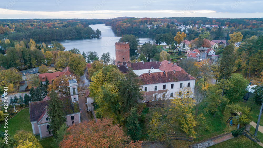 Panorama of the city of Łagów and Łagowskie Lake in Poland. View of the Castle of the Knights Hospitaller.