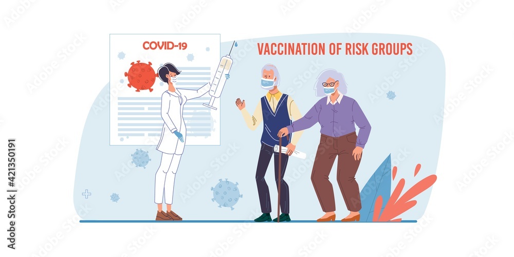 Vector cartoon flat patient elderly characters in face masks waits vaccination of risk groups,doctor with syringe-coronavirus covid infection prevention,diagnostics,treatment,therapy medical concept