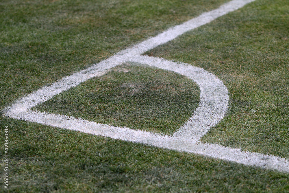 White chalk lines marking a soccer field for playing soccer. Football
