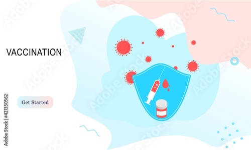 Landing page of vaccination website. Immunization campaign. Health care and protection. Isometric medical treatment. Flat vector illustration for wallpaper, banner, background, card, book illustration