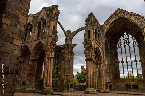 East window and choir of the ruined Melrose Abbey, Melrose, Scottish Borders