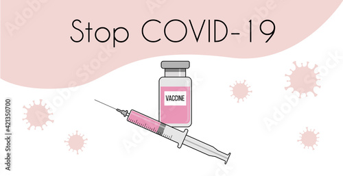 Stop COVID-19 banner with syringe and bottle on white and light pink background