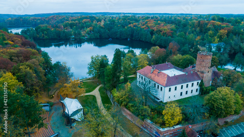 Panorama of the city of Łagów and Łagowskie Lake in Poland. View of the Castle of the Knights Hospitaller.