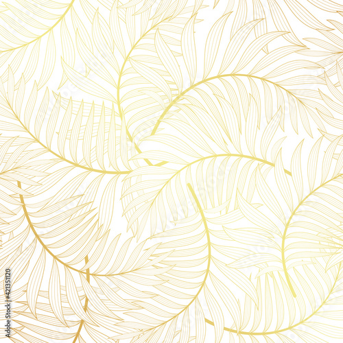 Vector tropical golden seamless pattern with exotic graphic palm leaves.