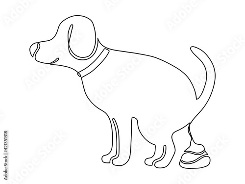 Dog pooping isolated. Warning clean up excrement, feces, shit. Care of environment and save nature park. Street banner, flyer, information sign. Drawn continuous line vector illustration one line art.