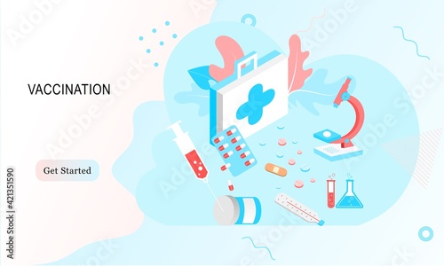 Landing page of vaccination website. Immunization campaign. Health care and protection. Isometric medical treatment. Flat vector illustration for wallpaper, banner, background, card, book illustration
