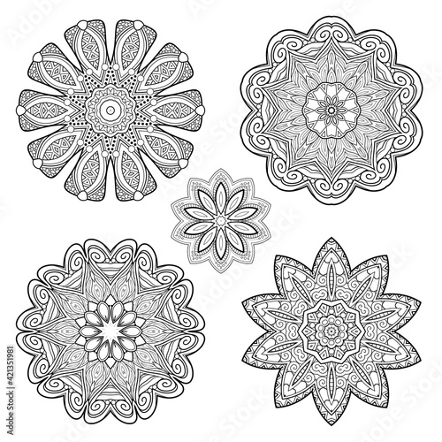 Vector Monochrome Set of Mandalas. Round Abstract Objects Isolated On White Background. Ethnic Decorative Element