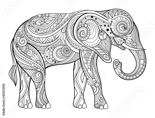 Vector Decorative Monochrome Elephant. Animal Isolated On White Background. For Coloring Book