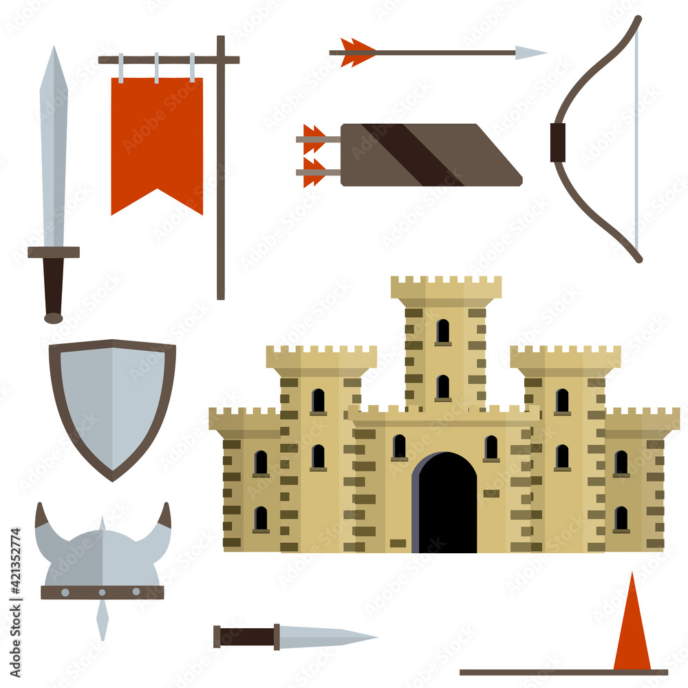 Naklejka premium Medieval set of item. European castle with tower, shield, sword, red flag, tournament, arrow, bow, quiver, helmet of Viking. Historical subject. Cartoon flat illustration. Old armor and knight weapons