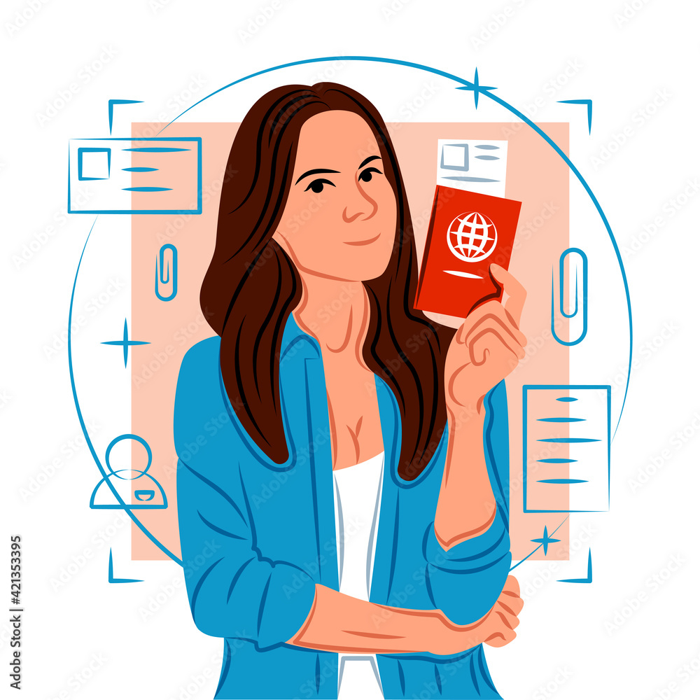 Vector girl holding passport in shadow of sharp lines style Vector girl holding passport in shadow of sharp lines style
