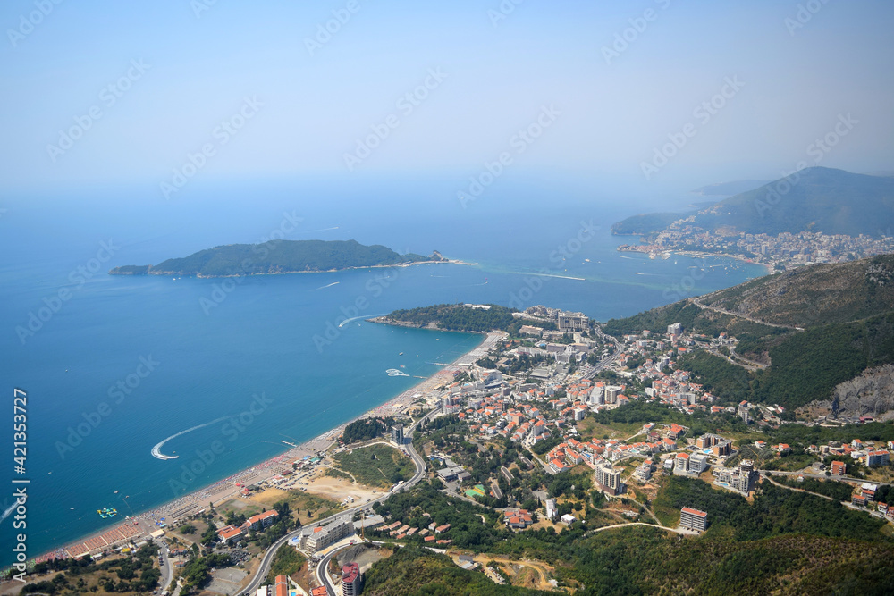 Paragliding in Montenegro in Budva. View on the city and sea summer travel