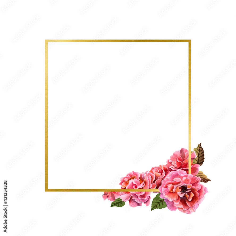 Obraz premium Hand drawn gold square frame. Watercolor pink flowers and green leaves. Wedding concept. Design of greeting cards, invitations, posters