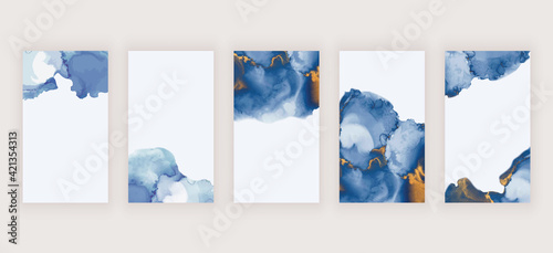 Blue watercolor alcohol ink backgrounds for social media stories banners
