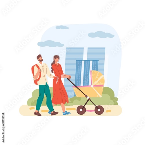 Cartoon flat happy family characters couple walks with baby carriage.Young people mom dad walking outdoors in city park- emotions,relationships,healthy family web online banner social concept