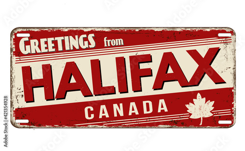 Greetings from Halifax vintage rusty metal plate