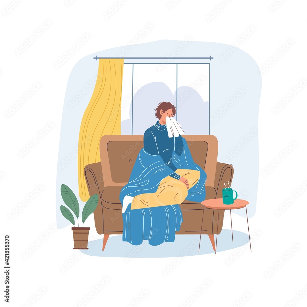 Vector cartoon flat patient character ill,sick person indoor at home quarantine self isolation-fever,coronavirus protection,covid,viral disease infection treatment and therapy medical concept Vector cartoon flat patient character ill,sick person indoor at home quarantine self isolation-fever,coronavirus protection,covid,viral disease infection treatment and therapy medical concept