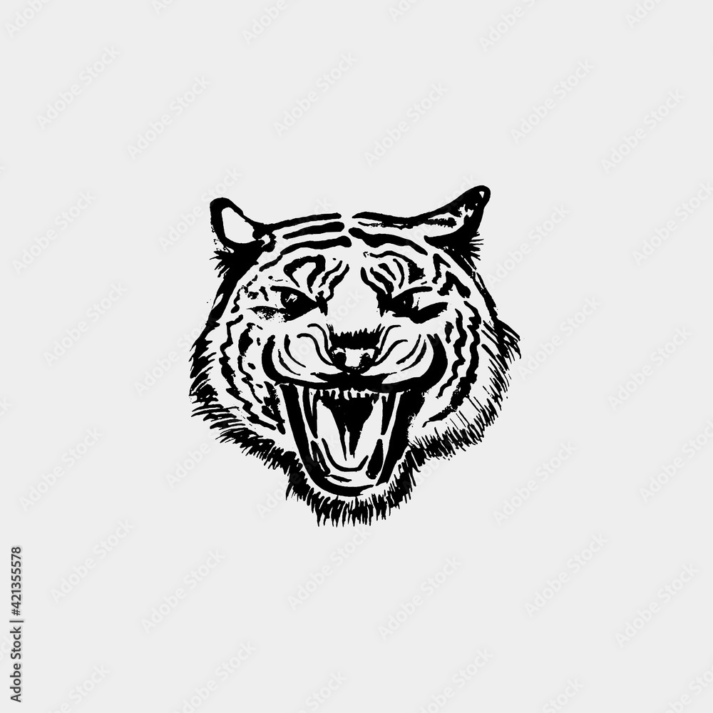 Angry Tiger Face. Black paint, ink brush strokes, brushes, lines, grunge. Freehand drawing. Vector illustration. Isolated on white background.