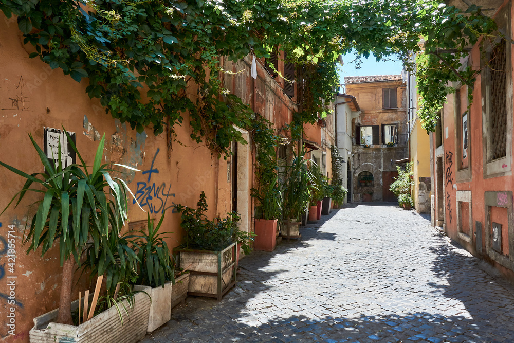 An horizontal view of picturesque old apartments and aged walls in an alley in Trastevere, Rome, Italy.