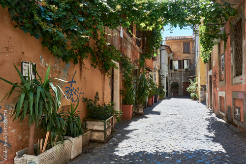 Fototapeta Naklejka Na Ścianę i Meble -  An horizontal view of picturesque old apartments and aged walls in an alley in Trastevere, Rome, Italy.