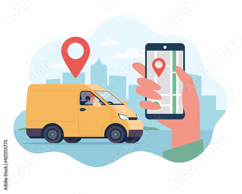 Home delivery service concept. Delivery van, courier on a truck. Website template with flat vector illustrations. Cargo location tracking application.