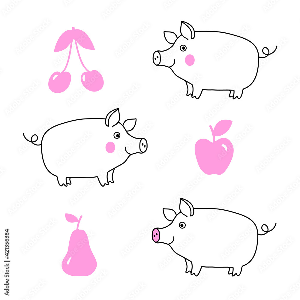 Smiling happy pig and fruits vector illustration. Hand drawn doodle set of apple, cherry, pear, funny pigs. Smiling happy pig and fruits vector illustration. Hand drawn doodle set of apple, cherry, pear, funny pigs.