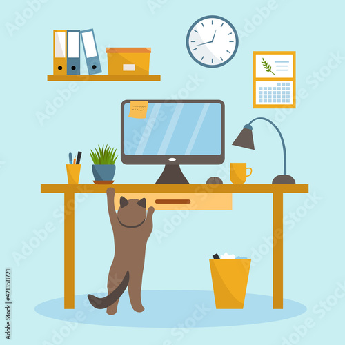 Desktop in the home office. Vector illustration with a cozy workspace and a cat. Freelance concept. Perfect for advertising courses, furniture, or for an article about freelancing