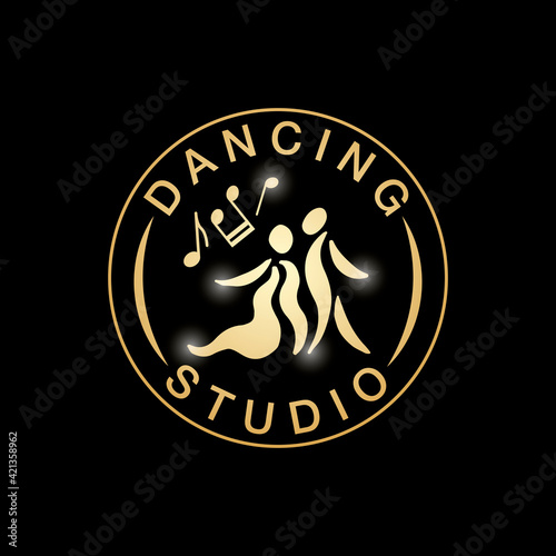 Vector illustration of dancing studio round emblem with icon of a couple for logo, advertisement, business card, signage, poster, product design. Hand drawn graphics with typed text for web or print
