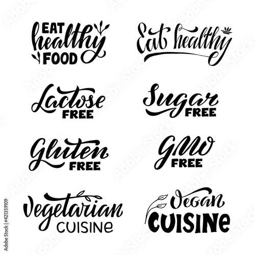 Vector illustration of healthy and vegetarian food lettering for banner, poster, menu, catalog, signage, product, food guide design. Eight handwritten black phrases for web or print

