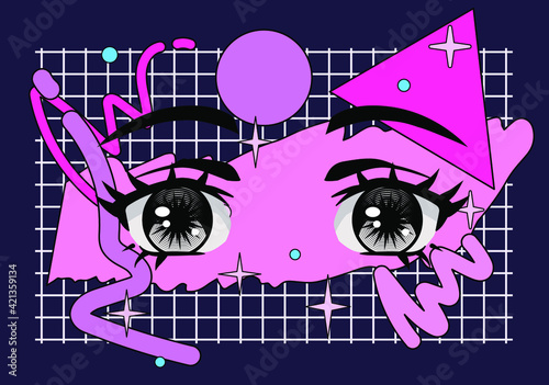 Face with big cartoon anime eyes. Vaporwave and retrowave style print for poster, cover of t-shirt.