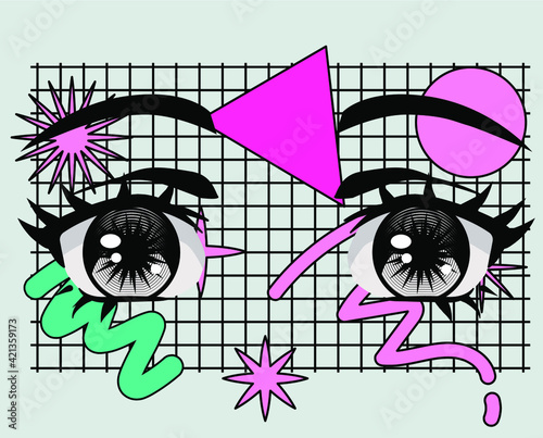 Face with big cartoon anime eyes. Vaporwave and retrowave style print for poster, cover of t-shirt.