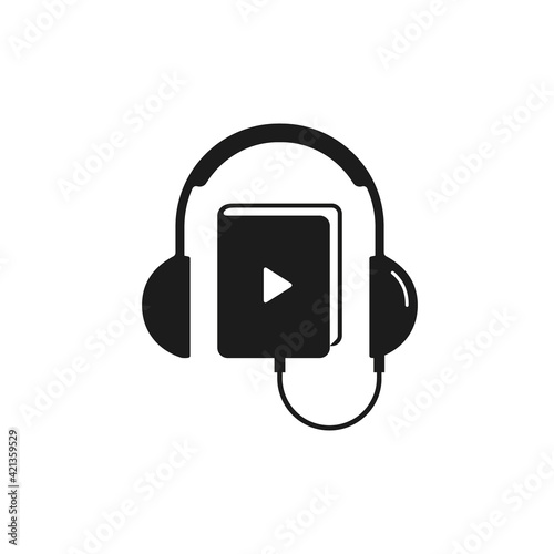 Headphones and book icon logo, audiobook online learning, Vector education concept. Flat design