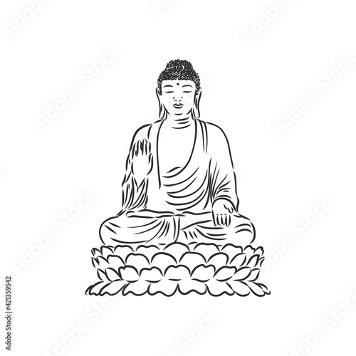 Vector Buddha in line hand drawn sketch style on white background