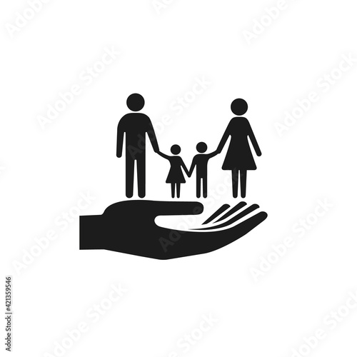 Family life insurance icon. Vector Hand holds family symbol. Health insurance