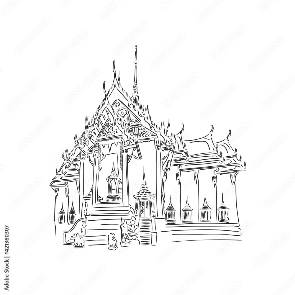 Wat Phra Kaew, holy place and grand palace, Bangkok, Thailand. Hand drawn sketch in vector illustration.